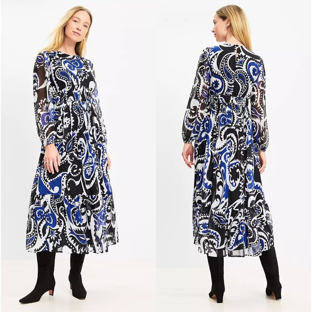 NWT LOFT Paisley Shirred Flounce Midi Dress Size 12